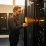 IT technician opening a server rack door in a data center with networking equipment visible.