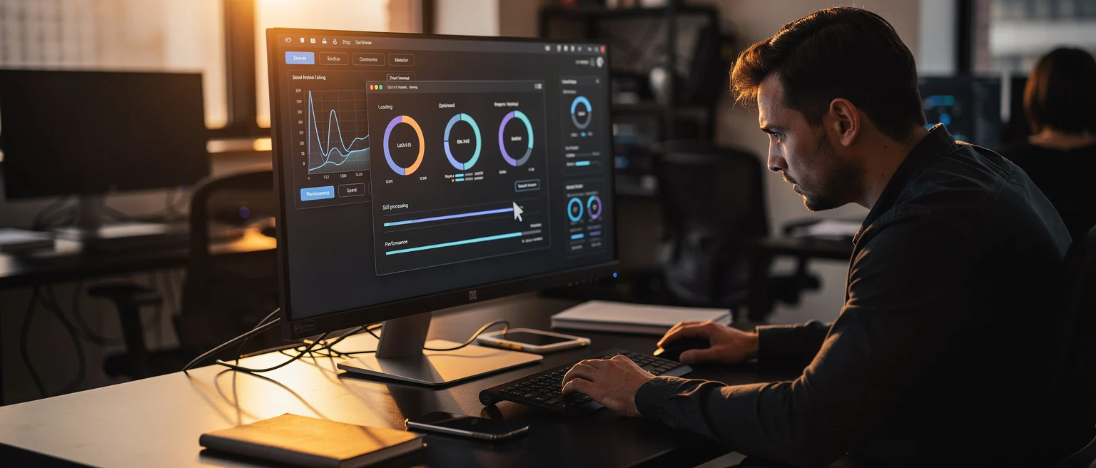 Man viewing analytics dashboard with charts and performance metrics on computer monitor in office.