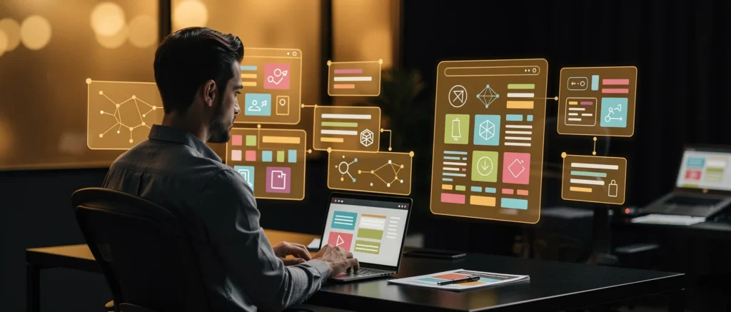 Man working on laptop with holographic UI panels displaying design and analytics tools floating around him.