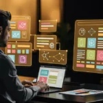 Man working on laptop with holographic UI panels displaying design and analytics tools floating around him.