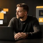 Man at laptop with digital workflow and dashboard interface visualizations in orange and black.