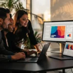 Three professionals review colorful design mockups displayed across multiple monitors and devices at a high-rise office desk.
