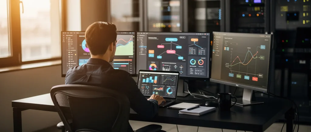 Person at desk viewing multiple monitors displaying data visualizations, charts, and analytics dashboards.