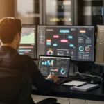 Person at desk viewing multiple monitors displaying data visualizations, charts, and analytics dashboards.