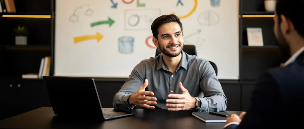 Man in gray shirt gesturing while speaking at desk with laptop, whiteboard with colorful diagrams in background.