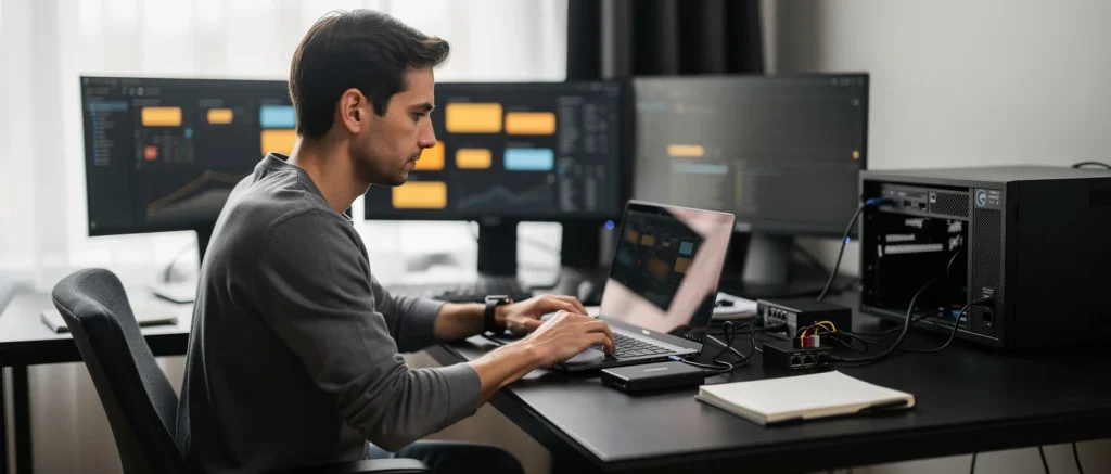 Man working at a desk with multiple monitors displaying editing software and a computer tower.