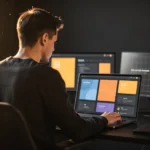 Designer working at desk with laptop and tablet displaying colorful UI layouts in dark studio.