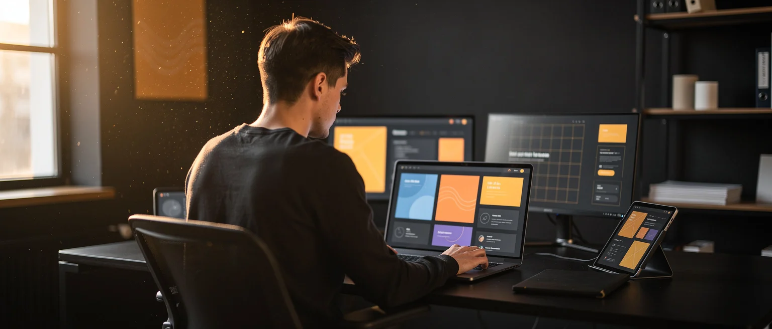 Designer working at desk with laptop and tablet displaying colorful UI layouts in dark studio.