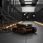 Small tracked robot with sensor equipment on a data center floor between server racks.