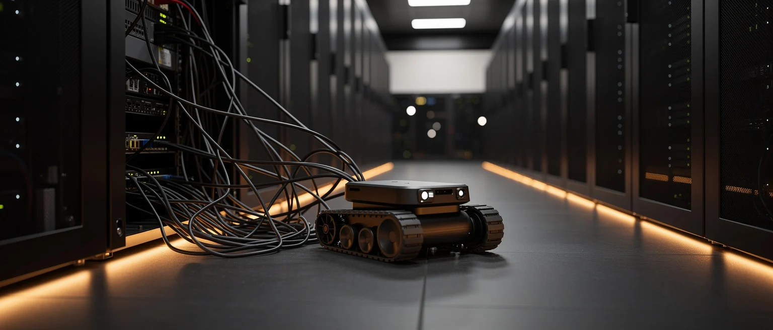 Small tracked robot with sensor equipment on a data center floor between server racks.