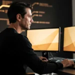 Man in black shirt sitting at desk with laptop and dual monitors displaying yellow geometric patterns.