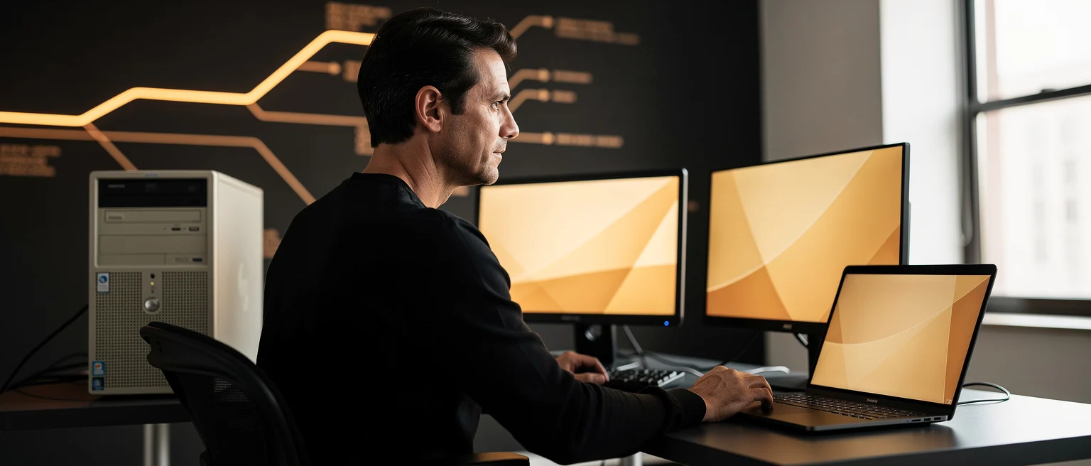 Man in black shirt sitting at desk with laptop and dual monitors displaying yellow geometric patterns.