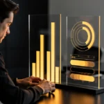 Man in dark clothing viewing a transparent display with glowing yellow bar charts and circular design elements.