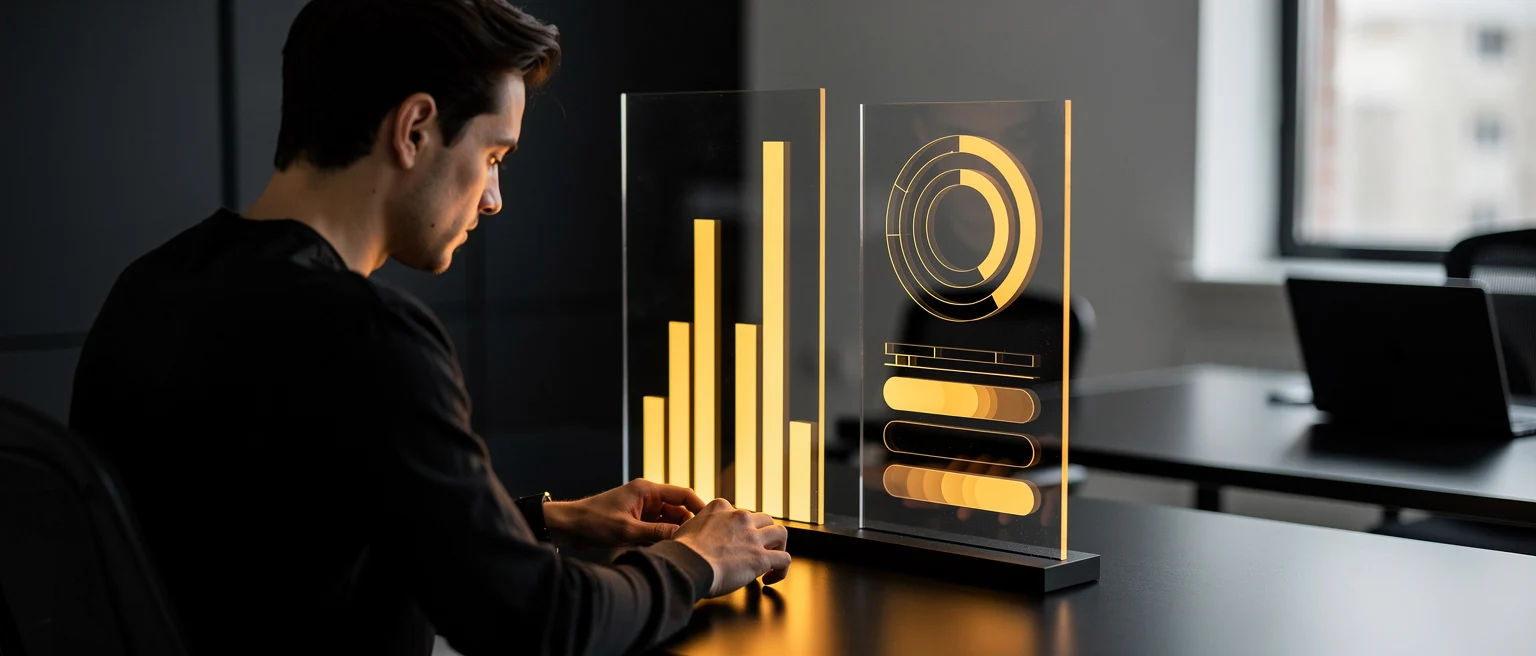 Man in dark clothing viewing a transparent display with glowing yellow bar charts and circular design elements.