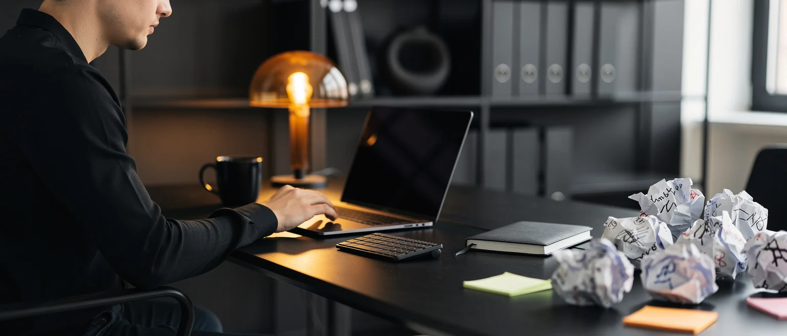 Person working at desk with laptop, coffee mug, crumpled papers, and sticky notes in a dark office environment.