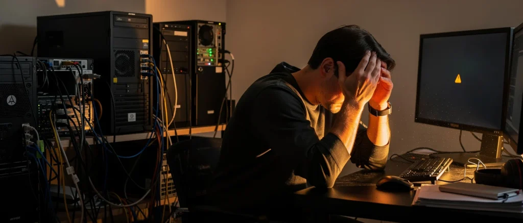 A frustrated man with his head in his hands sits at a desk surrounded by computer servers and monitors in a server room.
