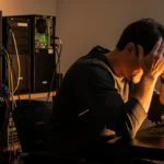 A frustrated man with his head in his hands sits at a desk surrounded by computer servers and monitors in a server room.