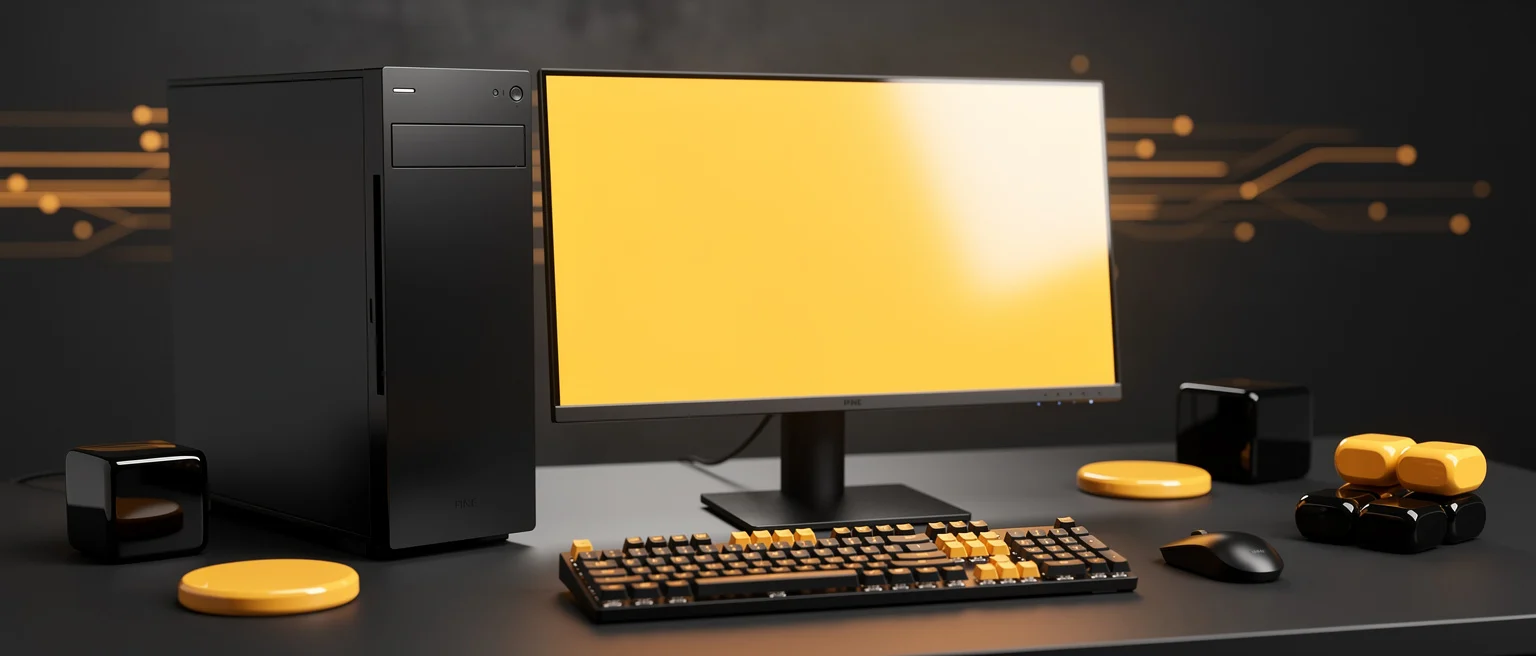 Desktop computer setup with black tower, monitor displaying yellow screen, keyboard with gold accents, mouse, and decorative