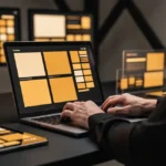 Designer working on a laptop displaying yellow and black grid layout mockups, with physical design samples on the desk.