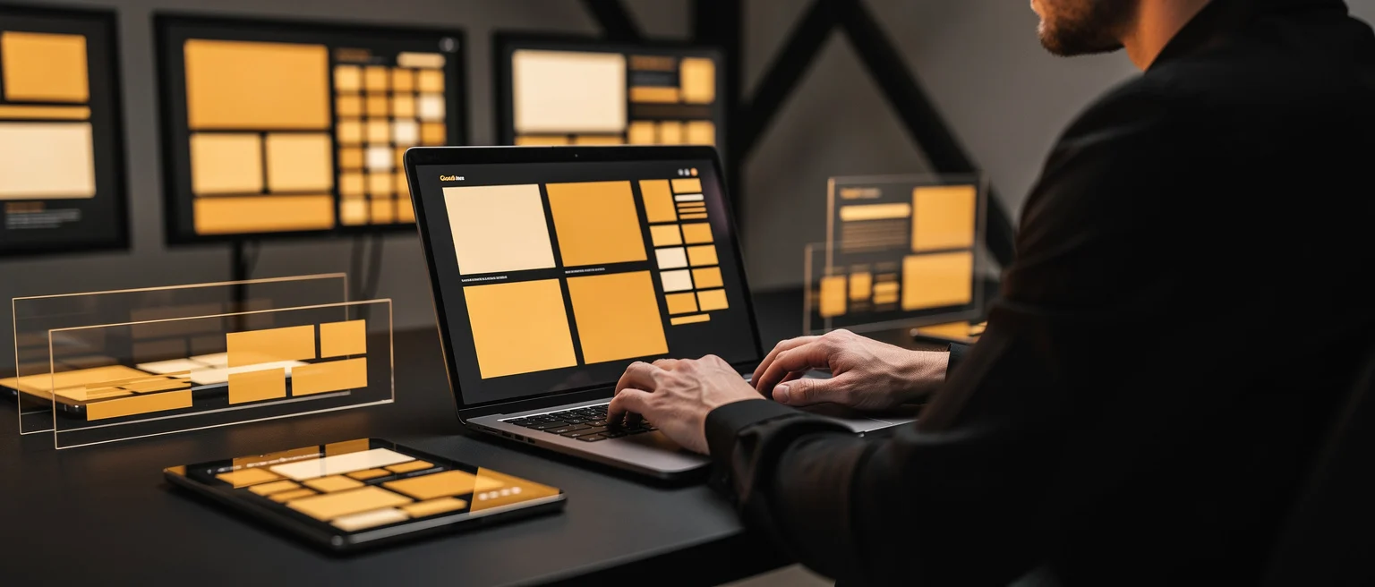 Designer working on a laptop displaying yellow and black grid layout mockups, with physical design samples on the desk.