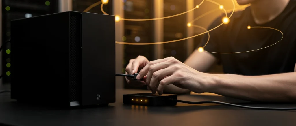 Person's hands typing on a keyboard next to a desktop computer tower with warm string lights in background.