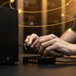 Person's hands typing on a keyboard next to a desktop computer tower with warm string lights in background.