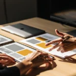 Two people reviewing wireframe sketches and design mockups on a wooden desk with a laptop and monitor.