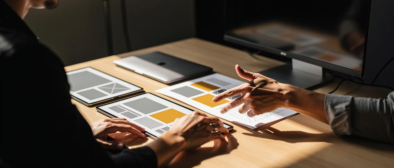 Two people reviewing wireframe sketches and design mockups on a wooden desk with a laptop and monitor.