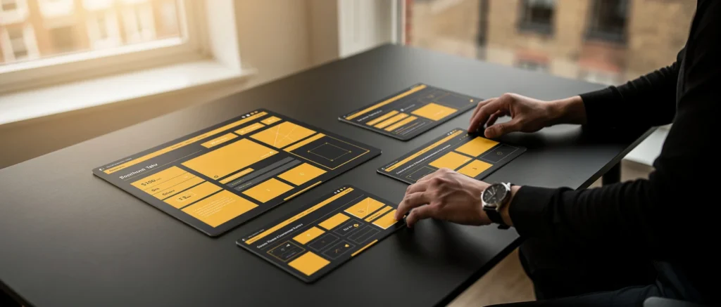 Person reviewing website wireframes and UI mockups with yellow and black design layouts on a desk.