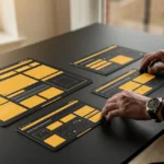 Person reviewing website wireframes and UI mockups with yellow and black design layouts on a desk.