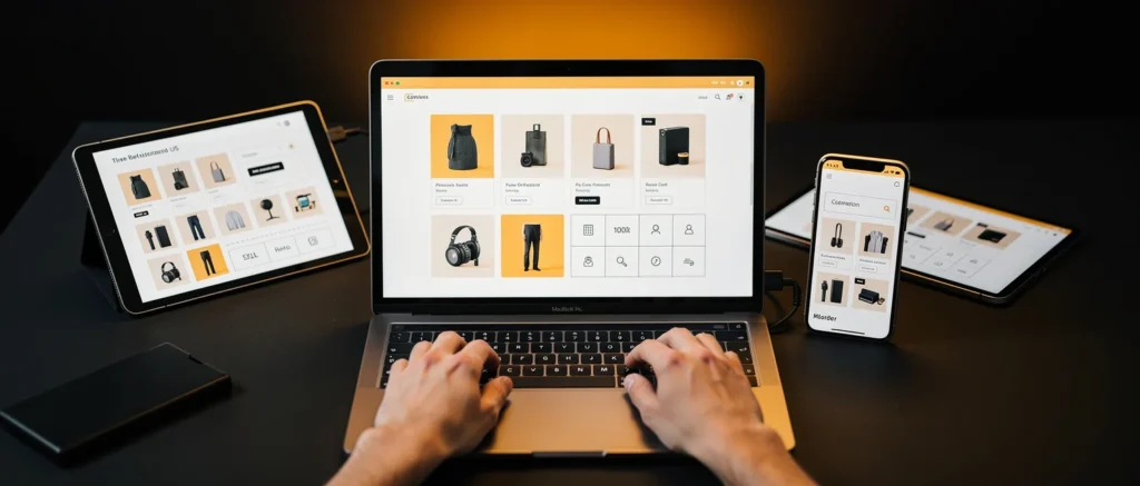 Person working on a laptop displaying an e-commerce product catalog, with matching product pages visible on a tablet and smar