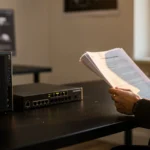Person reading a document at a desk with a desktop computer and network equipment.