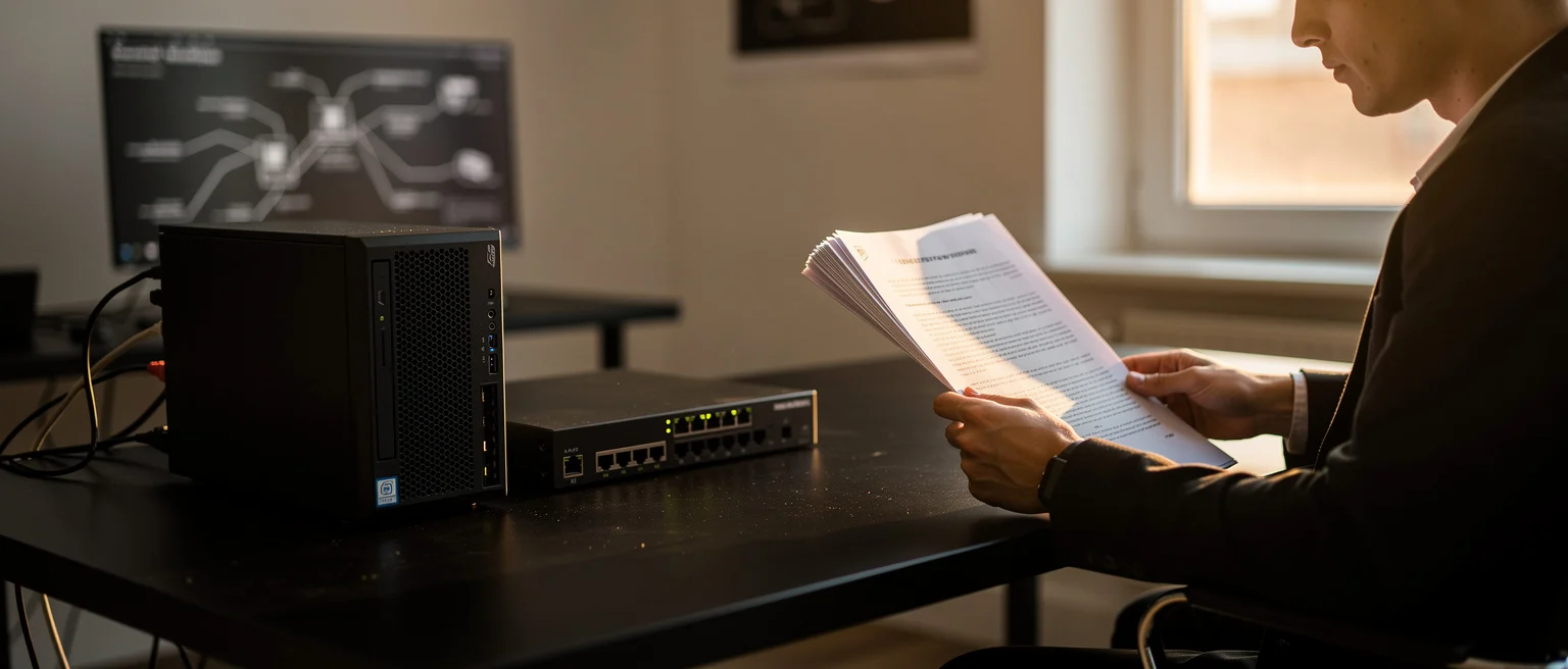 Person reading a document at a desk with a desktop computer and network equipment.