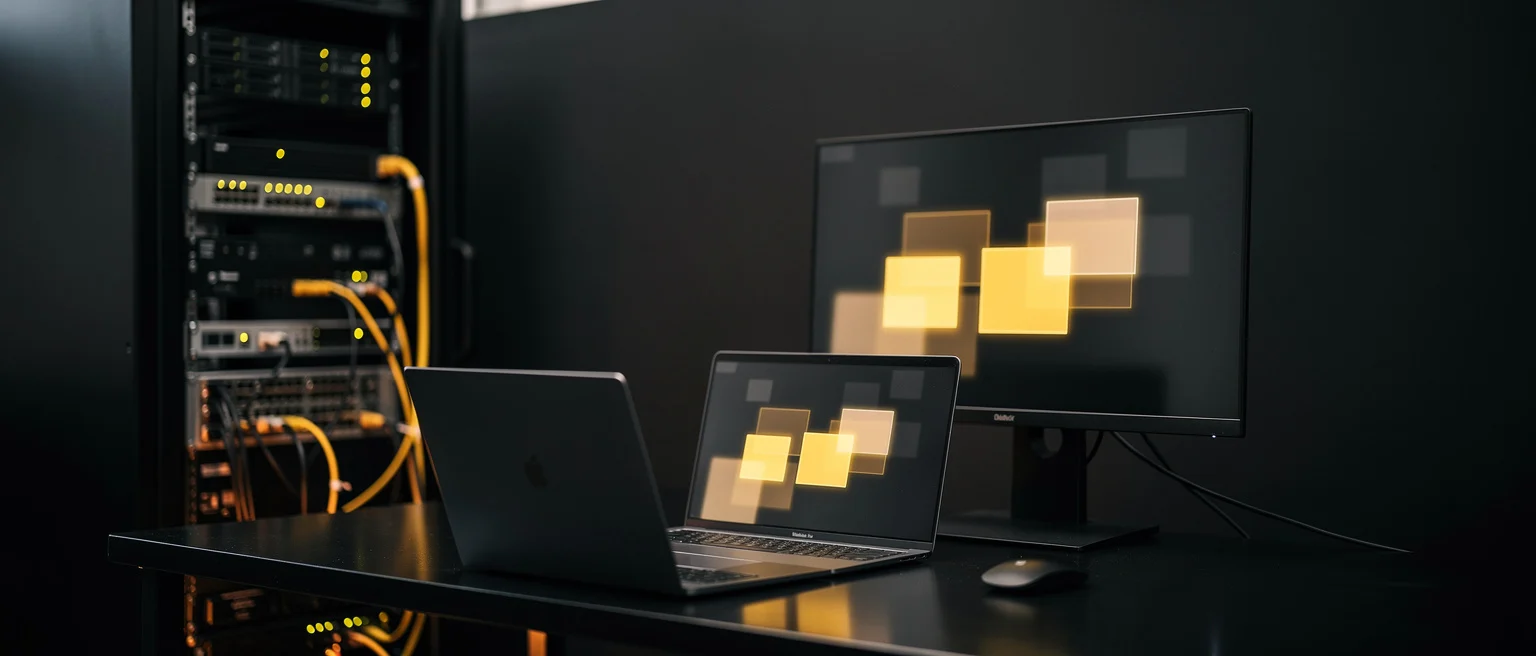 Server rack with illuminated indicator lights next to a laptop and monitor displaying yellow and tan colored squares.