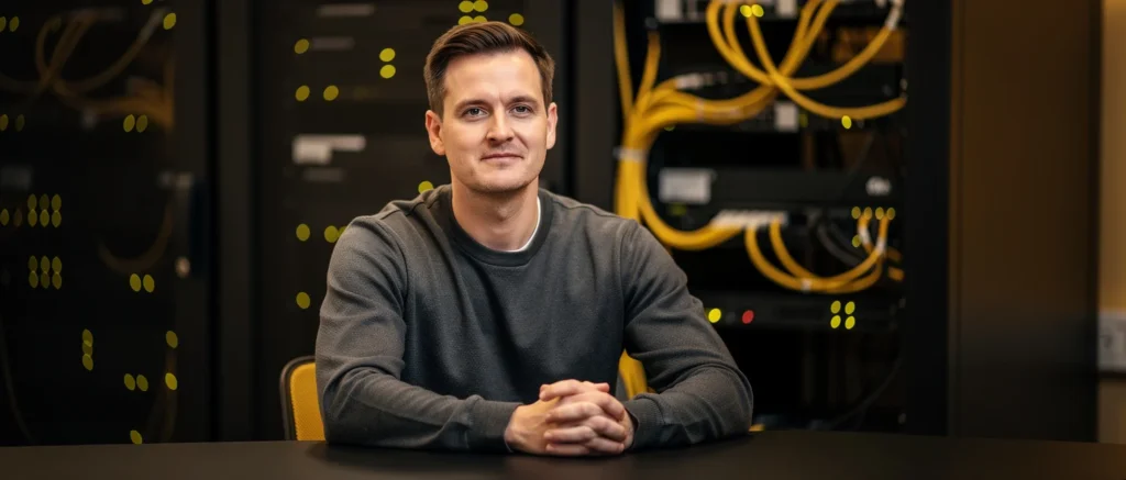 Man in gray shirt seated at table in server room with yellow network cables in background.