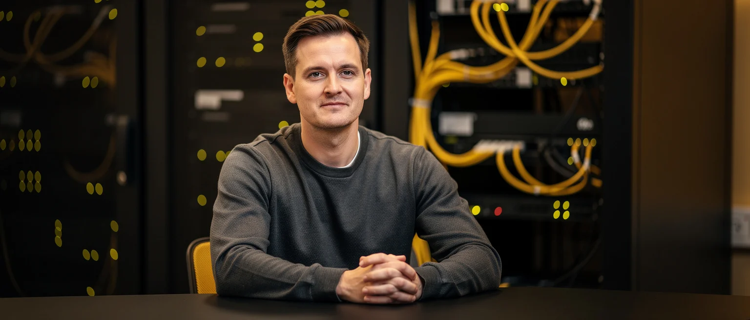 Man in gray shirt seated at table in server room with yellow network cables in background.