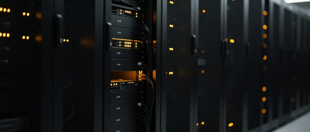 Server racks in a data center with yellow indicator lights illuminated on black equipment.
