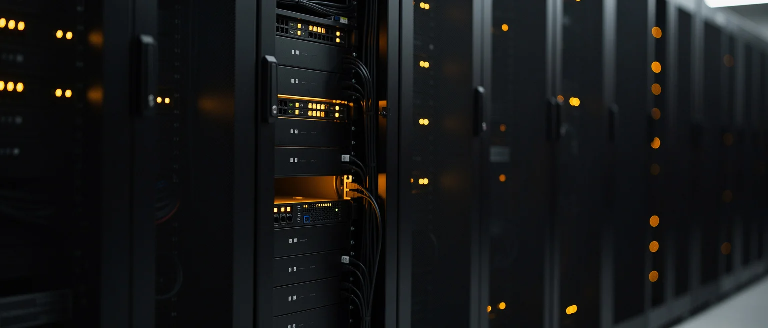 Server racks in a data center with yellow indicator lights illuminated on black equipment.