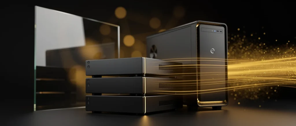 Stacked external hard drives with glowing golden light beams connecting to desktop computers against a dark background.