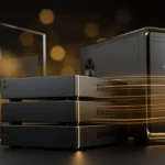 Stacked external hard drives with glowing golden light beams connecting to desktop computers against a dark background.