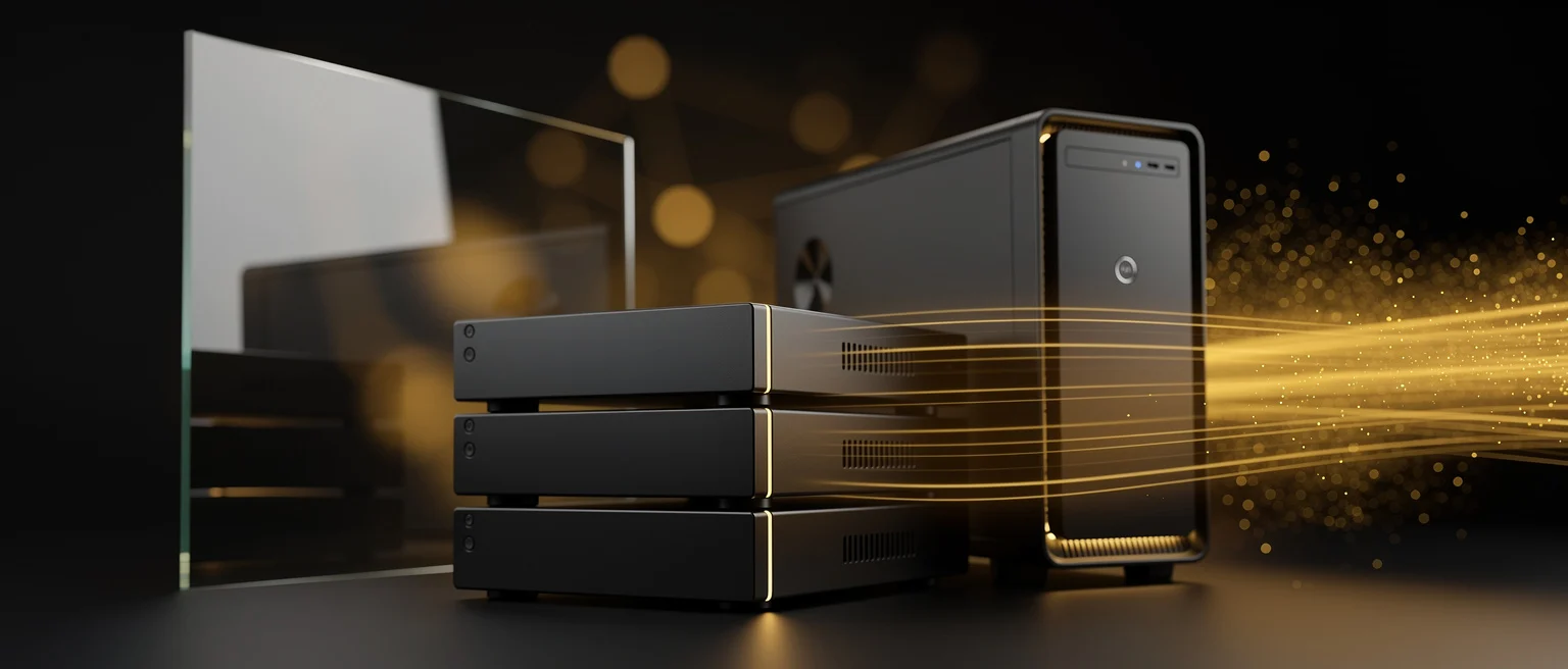 Stacked external hard drives with glowing golden light beams connecting to desktop computers against a dark background.