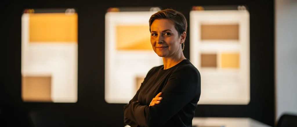 Woman in black shirt standing with crossed arms in front of illuminated panels with yellow and beige squares.