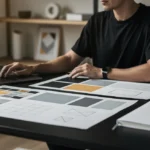 Designer working on laptop with color swatches and wireframe sketches spread across desk.