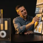 Man in blue shirt examining digital wireframe layouts and design mockups displayed on transparent screens.