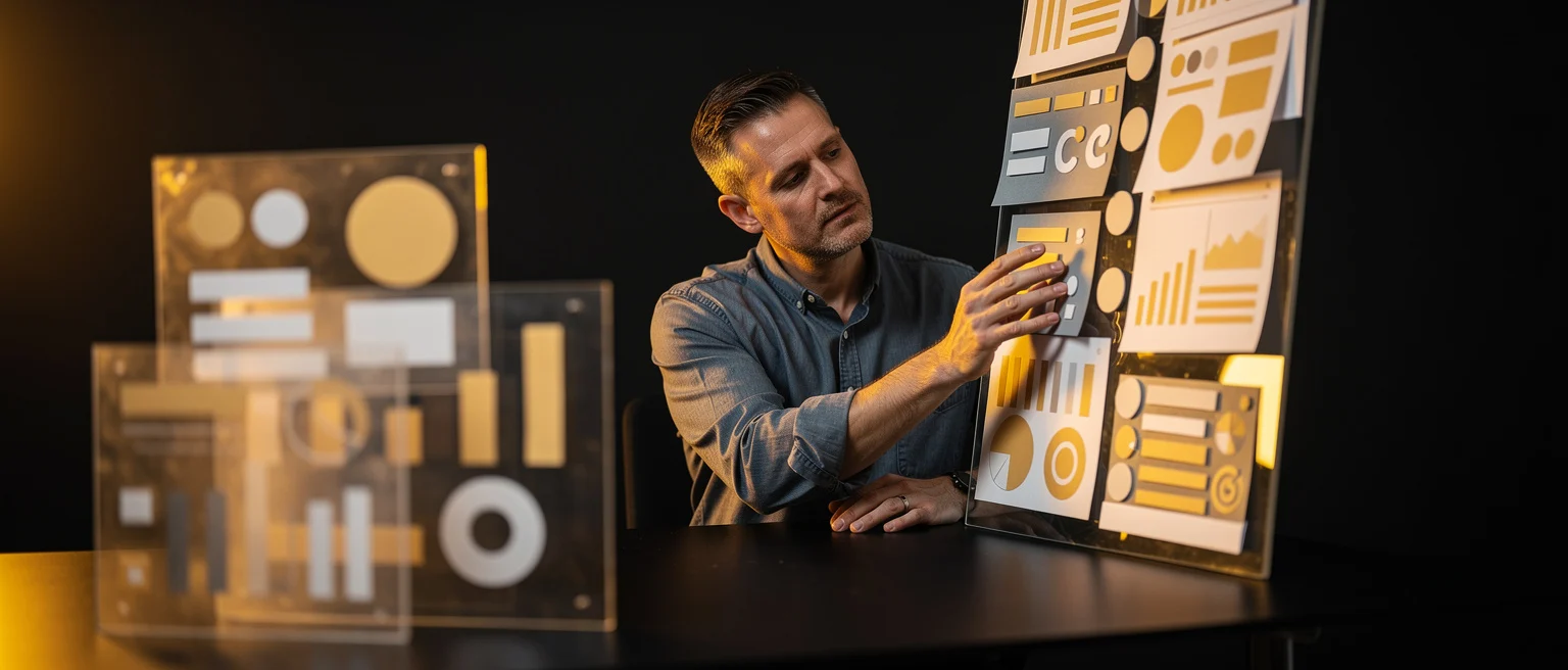 Man in blue shirt examining digital wireframe layouts and design mockups displayed on transparent screens.