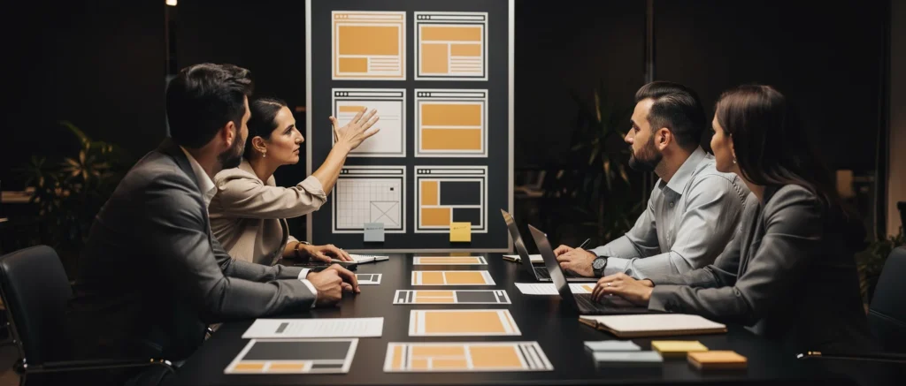 Four professionals review website wireframes and mockups on a table during a design meeting.