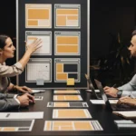 Four professionals review website wireframes and mockups on a table during a design meeting.