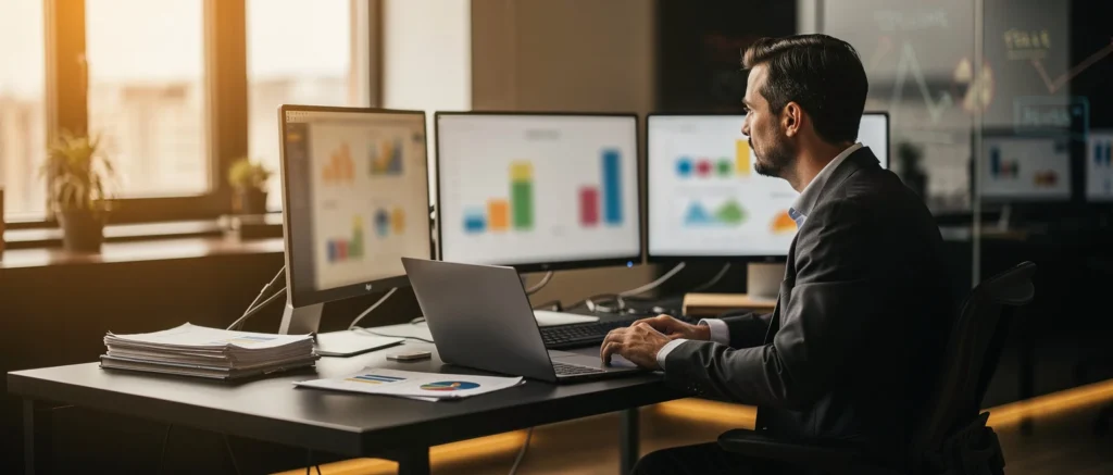 Man in business suit working at desk with laptop and multiple monitors displaying charts and graphs.