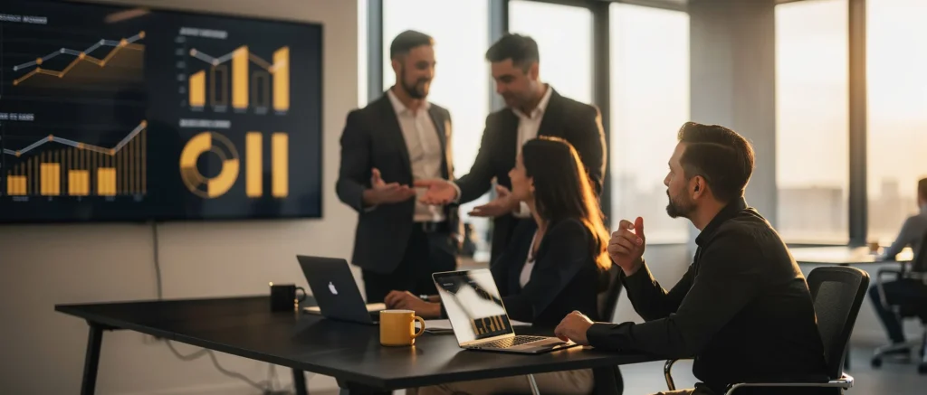 Business professionals discuss analytics in a modern office with data visualizations displayed on a wall screen.