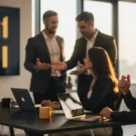 Business professionals discuss analytics in a modern office with data visualizations displayed on a wall screen.